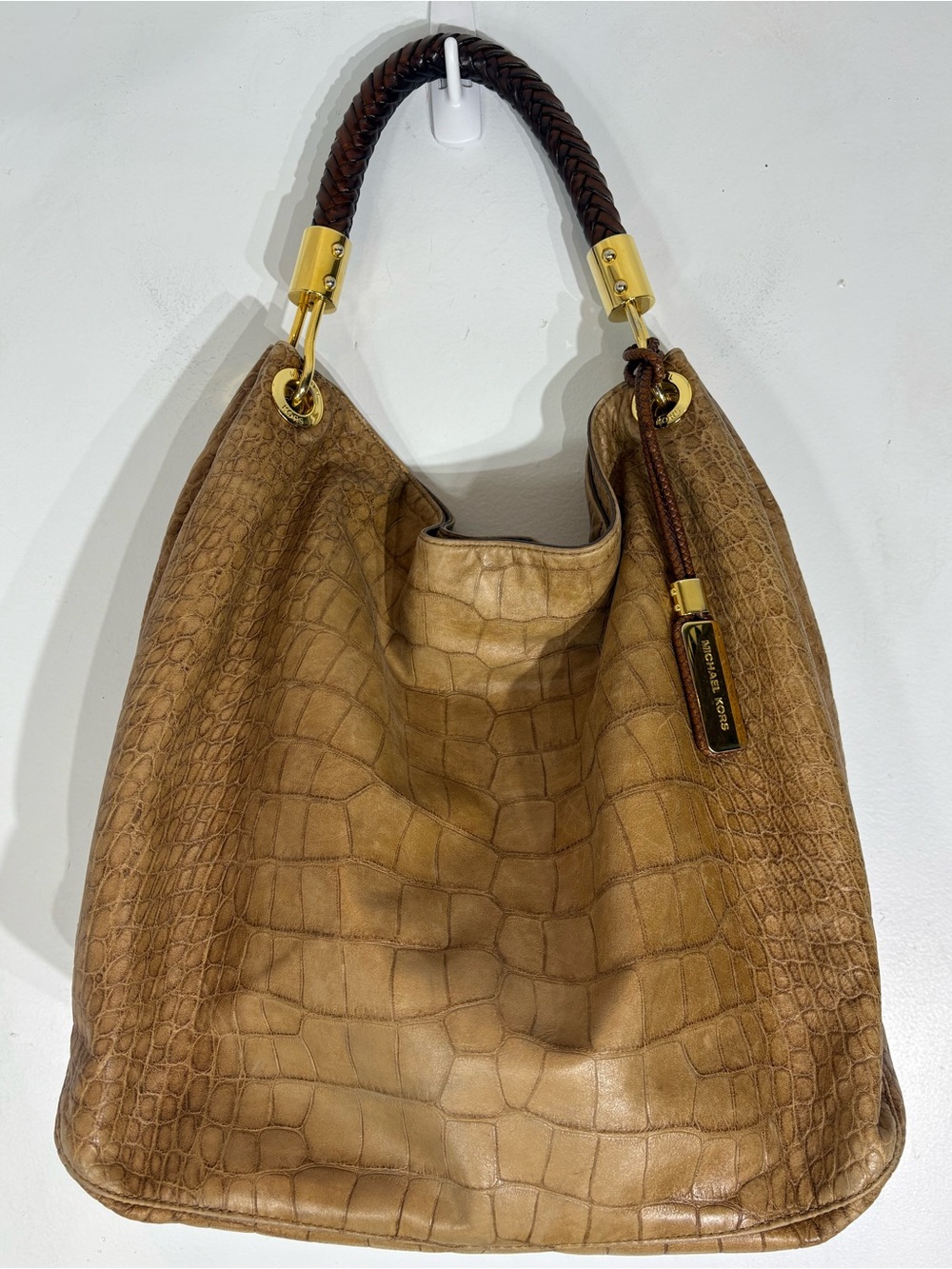 Michael Kors Skorpios Large Croc Embossed Leather Hobo Shoulder Bag Tan